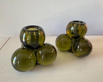 VTG Set of 2 Westmoreland Avocado Green Glass 4 Ball Grape Cluster Candleholders Della Robbia