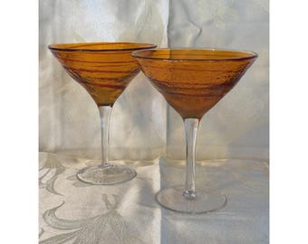 Pier 1 Hand Blown Glasses Set of 2 Orange Red Swirl Margarita Martini Barware