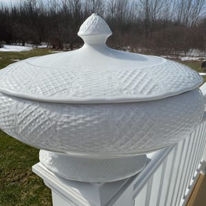 May include: A white ceramic soup tureen with a lid. The tureen has a textured diamond pattern and two curved handles. The lid is topped with a decorative finial. The tureen is sitting on a white pedestal.