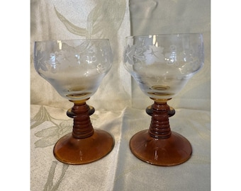 German Roemer Wine Glasses Etched Grape Leaves Amber Beehive Stem Set of 2