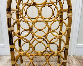 Vintage Rattan Bamboo Wine Rack Bohemian 12 Bottle Holder 24” MCM Bentwood Barware