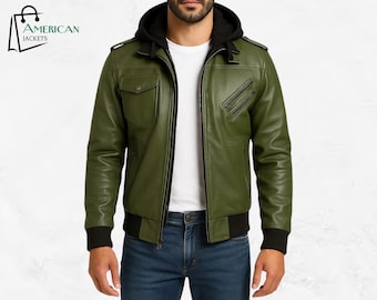 Men’s Military Green Bomber Leather Jacket with Hood | Vintage Handcrafted Slim Fit Outerwear | Winter Casual Streetwear Style Jacket