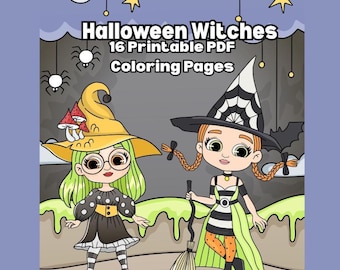 Cute Halloween Witches Coloring Pages, 16 Designs (PDF Download)