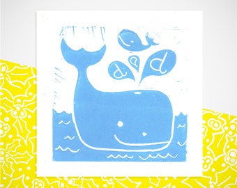 DAD whale handprinted greetings card. Blank inside for your own message.