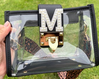 Bolsa de estadio transparente personalizada con parche de chenilla perlada, bandolera personalizada, bolso para el día del partido universitario, bolso aprobado para conciertos, regalo para ella
