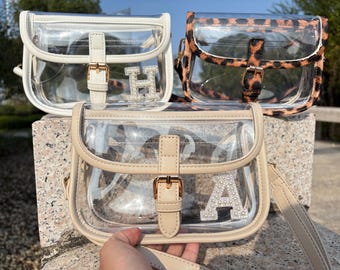 Custom Clear Stadium Bag with Chenille Letter, Personalized Crossbody Bag, College Game Day Bag, Concert Approved Purse, Messenger Bag Style