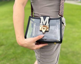 Bolsa de estadio transparente personalizada con parche de chenilla perlada, bandolera personalizada, bolso para el día del partido universitario, bolso aprobado para conciertos, regalo para ella