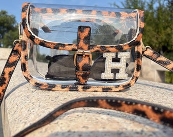 Custom Clear Stadium Bag with Chenille Letter, Personalized Crossbody Bag, College Game Day Bag, Concert Approved Purse, Messenger Bag Style