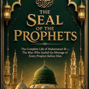 Pode incluir: Uma capa de livro intitulada The Seal of the Prophets, The Complete Life of Muhammad—The Man Who Sealed the Message of Every Prophet Before Him por Muhammad Siddique Sajid. O design apresenta um fundo verde, texto dourado, lanternas e uma mesquita.