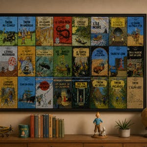May include: A framed collection of Tintin comic book covers in French, displayed above a wooden cabinet. The cabinet holds books, a globe, a model airplane, a lamp, and a Tintin figurine with Snowy.