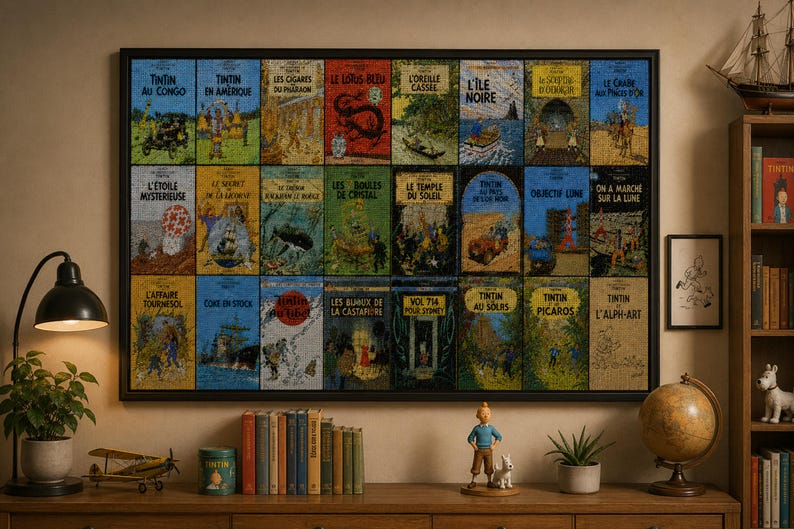 May include: A framed collection of Tintin comic book covers in French, displayed above a wooden cabinet. The cabinet holds books, a globe, a model airplane, a lamp, and a Tintin figurine with Snowy.