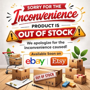Puede incluir: Un cartel que dice SORRY FOR THE Inconvenience PRODUCT IS OUT OF STOCK con triángulos de advertencia amarillos. Debajo, el texto dice We apologize for the inconvenience caused! Available Soon on eBay y Etsy, con cajas de cartón y un carrito.