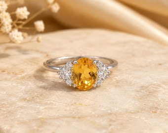 Citrine Ring | Oval Yellow Gemstone Ring | Silver Birthstone  Gift for Her