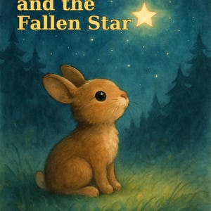 Może przedstawiać: Ilustracja przedstawiająca brązowego królika patrzącego w górę na świecącą gwiazdę na nocnym niebie. Tytuł "The Bunny and the Fallen Star" jest w złotych literach. Obraz ma bajkowy charakter.