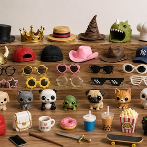 May include: A collection of miniature accessories and animal figures including hats, glasses, backpacks, food items, and a skateboard. The items feature various colors and shapes, such as a black top hat, a gold crown, a pink cowboy hat, and a white coffee mug.