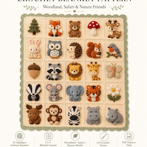 Puede incluir: Un patr&oacute;n de manta de ganchillo con 25 cuadrados que incluyen aplicaciones de bosque, safari y naturaleza como animales, &aacute;rboles y flores. El texto dice 25 Applique Granny Square CROCHET BLANKET PATTERN Woodland, Safari & Nature Friends.