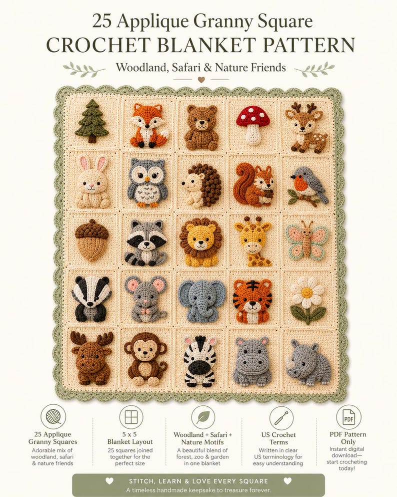 Puede incluir: Un patr&oacute;n de manta de ganchillo con 25 cuadrados que incluyen aplicaciones de bosque, safari y naturaleza como animales, &aacute;rboles y flores. El texto dice 25 Applique Granny Square CROCHET BLANKET PATTERN Woodland, Safari & Nature Friends.