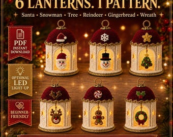 Christmas Lantern Crochet Ornament Pattern| 6-in-1 Amigurumi Bundle |Santa Snowman Tree Reindeer Gingerbread Wreath| PDF Instant Download