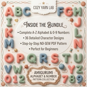 May include: A digital pattern collection titled COZY YARN LAB featuring a complete A-Z alphabet and 0-9 numbers in crochet style. The image displays colorful, textured letters and numbers in shades of blue, green, and peach on a light background.