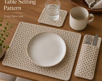 Crochet Linen Stitch Placemat Pattern | 3 in 1 Table Mat & Crochet Setting PDF | Linen Stitch Cutlery Holder Set | Christmas Dining Decor