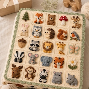 Puede incluir: Una manta de ganchillo color crema con una cuadr&iacute;cula de cuadrados individuales, cada uno decorado con un motivo de animal o naturaleza en relieve, incluyendo un zorro, oso, b&uacute;ho, elefante y tigre, con un borde festoneado en verde salvia.
