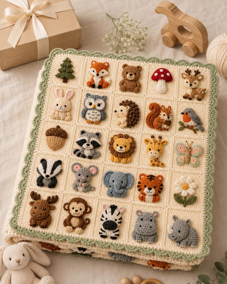 Puede incluir: Una manta de ganchillo color crema con una cuadr&iacute;cula de cuadrados individuales, cada uno decorado con un motivo de animal o naturaleza en relieve, incluyendo un zorro, oso, b&uacute;ho, elefante y tigre, con un borde festoneado en verde salvia.