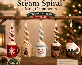 Christmas Mug Ornament Crochet Pattern PDF | 5 in 1 Spiral Ornament Bundle | Snowman Reindeer Gingerbread | Holiday Amigurumi Decor PDF