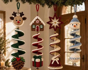 Christmas Spiral Ornament Crochet Pattern | 4-in-1 Wind Spinner PDF| Reindeer Gingerbread Star Snowman Hanging Decor | Holiday PDF Download