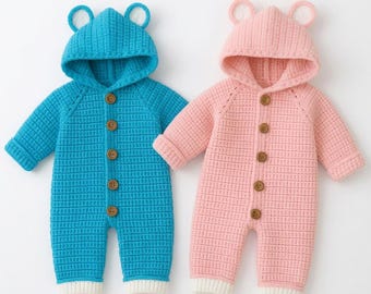 Patrón PDF unisex para pelele de bebé con capucha y diseño de osito (0-3 y 3-6 meses) / Descarga digital instantánea / Regalo para baby shower / Manualidades para principiantes