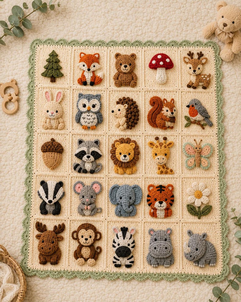 Puede incluir: Una manta de ganchillo rectangular de color crema con una cuadr&iacute;cula de veinticinco paneles cuadrados. Cada panel muestra un aplique de ganchillo tridimensional &uacute;nico de un animal del bosque, planta o insecto, bordeado por un borde festoneado de color verde salvia.