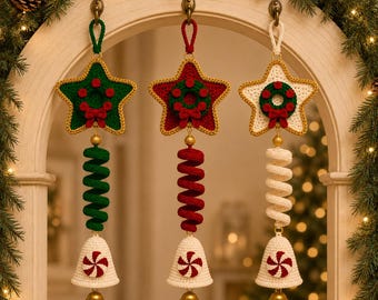 Crochet Christmas Spiral Wind Spinner Pattern PDF | Star Wreath Bell Hanging Ornament Set of 3 | Holiday Window Decor | Instant Download