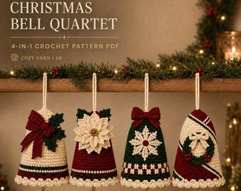 Crochet Christmas Bell Pattern PDF | 4-in-1 Holiday Ornament Bundle | Holly Poinsettia Snowflake Wreath | Instant Digital Download eBook