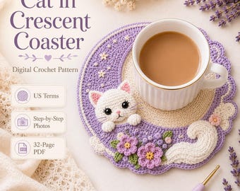 Crochet Cat Coaster Pattern | Crescent Moon Cat Mug Rug | Floral Kitty Cup Mat | Digital PDF Crochet Pattern | US Terms | Instant Download