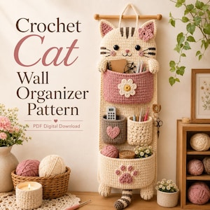 May include: A beige crochet wall organizer shaped like a cat with a striped tail, featuring three pockets decorated with a white flower, a pink heart, and a pink paw print. The text reads Crochet Cat Wall Organizer Pattern PDF Digital Download.
