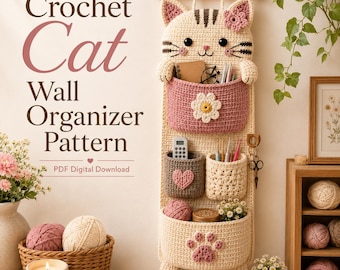 Katzen Wandhalter Muster PDF | 4 Taschen Hängende Aufbewahrung | Kawaii Kitty Wandtasche | Anfänger häkeln Wohnkultur | Digitaler Download