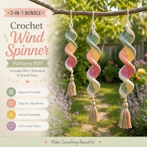 Crochet Wind Spinner Pattern PDF | Pastel Spiral Hanging Garden Decor | DIY Porch Ornament | Beginner Crochet | 3 Sizes | Instant Download