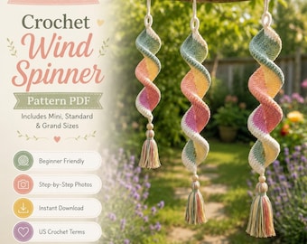 Crochet Wind Spinner Pattern PDF | Pastel Spiral Hanging Garden Decor | DIY Porch Ornament | Beginner Crochet | 3 Sizes | Instant Download