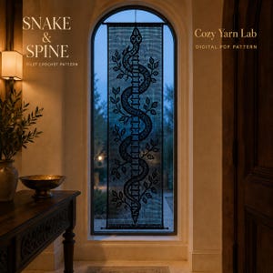 May include: A black filet crochet wall hanging featuring a vertical design of a snake coiled around a human spine with leafy branches. The text "SNAKE & SPINE FILET CROCHET PATTERN" and "Cozy Yarn Lab DIGITAL PDF PATTERN" is printed on the image.