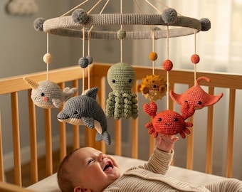 Ocean Crochet Mobile Pattern PDF | Sea Animal Nursery Amigurumi | Narwhal Dolphin Octopus Crab Puffer Fish Tutorial| Baby Shower Gifts Décor