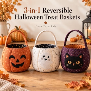 Può includere: Tre cestini per dolcetti di Halloween reversibili 3-in-1 con manici. Il cestino arancione presenta una faccia da zucca, quello bianco mostra un fantasma e quello viola un gatto nero. Il testo recita 3-in-1 Reversible Halloween Treat Baskets.