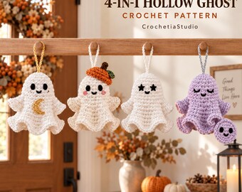 Häkelanleitung für Halloween-Geister (PDF) | 4-in-1-Set hohler Hängeornamente | Niedliches, gruseliges Amigurumi-Set | Sofortiger digitaler Download | US-amerikanische Häkelbegriffe