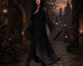 Gothic Crochet Hooded Mesh Duster Pattern PDF | Bell Sleeve Robe | Witchy Crochet Cardigan | Halloween Outfit | Digital Download | Women