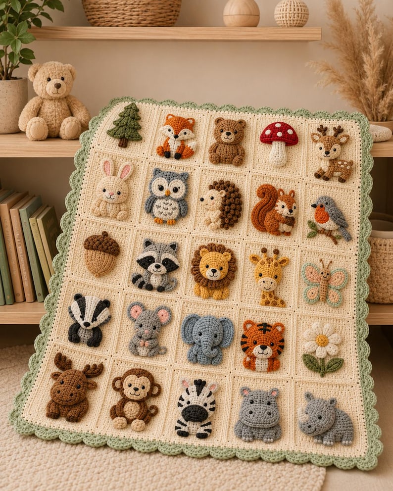 Puede incluir: Una manta de ganchillo color crema con una cuadr&iacute;cula de veinticinco cuadrados individuales, cada uno decorado con un motivo &uacute;nico de animal de peluche o naturaleza en tres dimensiones, con un borde festoneado en verde salvia.