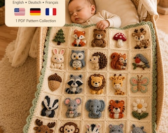 Woodland Safari Baby Blanket Crochet Pattern PDF| 25 Applique Granny Squares| English German French| Animal Afghan Beginner Digital Download