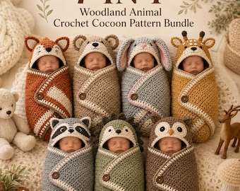 Woodland Baby Cocoon Crochet Pattern PDF | 7-in-1 Hooded Animal Swaddle Wrap | Baby Photo Prop Blanket | Fox Bear Bunny Deer Raccoon Owl