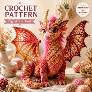 Dragon Crochet Pattern PDF | Advanced Amigurumi Lace Wing Dragon | Wire Armature Fantasy Plush | 16 Inch Mythical Creature Dragon Tutorial