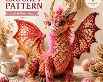 Dragon Crochet Pattern PDF | Advanced Amigurumi Lace Wing Dragon | Wire Armature Fantasy Plush | 16 Inch Mythical Creature Dragon Tutorial