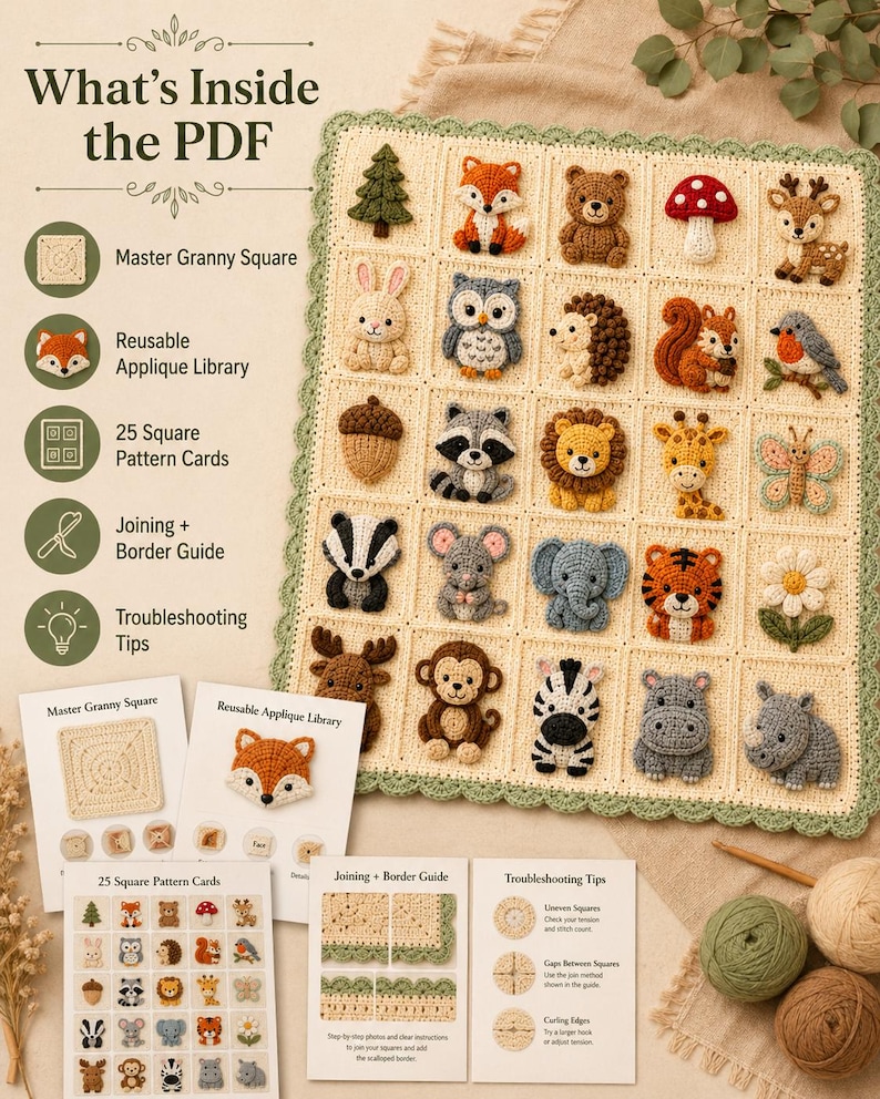 Puede incluir: Una manta de ganchillo con una cuadr&iacute;cula de veinticinco cuadrados, cada uno con un aplique &uacute;nico de animal o naturaleza. El texto "What's Inside the PDF" es visible, junto con tarjetas de patrones, una gu&iacute;a de uni&oacute;n y consejos.
