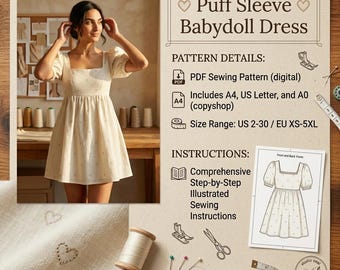 PDF Puff Sleeve Baby doll Dress Sewing Pattern | Square Neck Empire Waist Mini Dress DIY | Cottage core Dress Pattern | Instant Download