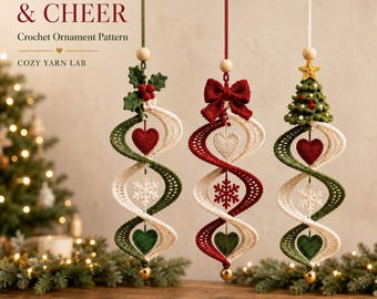 Patrón de ganchillo en PDF para adorno navideño en espiral / Decoración colgante de copo de nieve en forma de corazón / Diseños de árboles con lazos de acebo / Tutorial de descarga digital instantánea